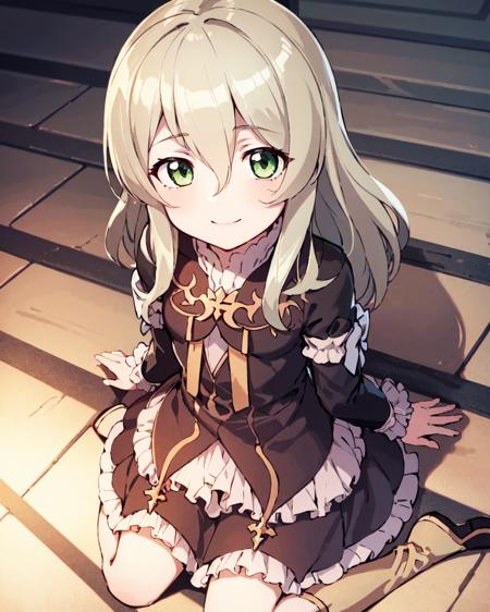 highres,ultra detailed,1girl,<lora:elise_V2:0.7>,elise,long hair,blonde hair,hair between eyes,green eyes,dress,frills,knee boots, ,smile,wariza,from above,