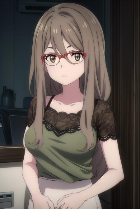 mizukinakahara, <lora:mizukinakaharas1-lora-nochekaiser:1>, 
mizuki nakahara, long hair, brown hair, (brown eyes:1.5), glasses, red-framed eyewear,
BREAK shirt, green shirt, camisole, black camisole, skirt, white skirt, short sleeves, pantyhose, pencil skirt,
BREAK outdoors, city,
BREAK looking at viewer, (cowboy shot:1.5),
BREAK <lyco:GoodHands-beta2:1>, (masterpiece:1.2), best quality, high resolution, unity 8k wallpaper, (illustration:0.8), (beautiful detailed eyes:1.6), extremely detailed face, perfect lighting, extremely detailed CG, (perfect hands, perfect anatomy),