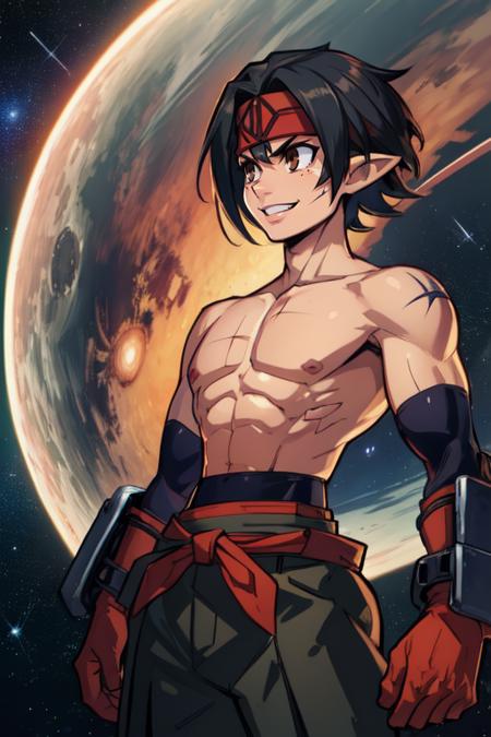 MWarrior, black hair, brown eyes,  pointy ears,  topless male, short hair, black gloves,  
pants, blue belt, blue headband,      scar, 
outer space, stars,  cowboy shot,   from below, 
(insanely detailed, beautiful detailed face, masterpiece, best quality) 
smile,  
standing, solo, upper body,  <lora:malefighter-10v5:0.7>