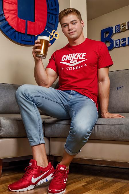 sitting on a couch in a frat house, holding a red Solo cup, smirking, CFConnor, drinking beer, wearing fraternity shirt, ((Greek letters)), blue jeans, Nike sneakers, (((full body portrait))), full body shot  <lora:CFConnor:0.8>