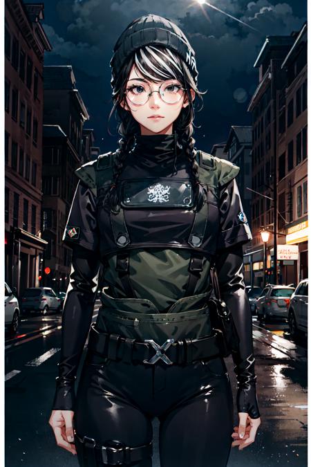 masterpiece, high quality cg, anime, illustration, best quality, 1girl, bound, bondage, beautiful face, detailed face, cowboy shot, dokkaebi, 1girl, solo, looking at viewer,  black hair, braid, glasses, black gloves, belt, pants, black eyes, twin braids, streaked hair, black headwear, bodysuit, black pants, round eyewear, black bodysuit, beanie, hair behind ear, <lora:Dokkaebi:0.9>