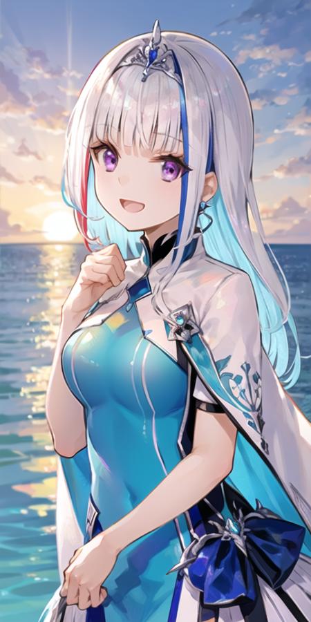 1girl,backlighting, blue dress, breasts, circlet, cloud, dress, earrings, fur trim, hand up, horizon, jewelry, looking at viewer, medium breasts, multicolored hair, ocean, open mouth, purple eyes, reflection, sidelocks, smile, solo, streaked hair, sunlight, twilight, upper body, virtual youtuber, white hair, blue hair,long hair, bangs, tiara, sky, blush, two-tone hair, blunt bangs, :d, sunset, cape, short sleeves, cloak, outdoors, white cape, <lora:fuzi_loha_v1j:1>