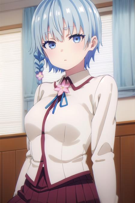 lunakusami, <lora:luna kusami s1-lora-nochekaiser:1>,
luna kusami, short hair, blue eyes, hair ornament, blue hair, flower, hair flower, braid, single braid,
BREAK skirt, long sleeves, school uniform, pleated skirt, serafuku,
BREAK indoors, classroom,
BREAK looking at viewer, (cowboy shot:1.5),
BREAK <lyco:GoodHands-beta2:1>, (masterpiece:1.2), best quality, high resolution, unity 8k wallpaper, (illustration:0.8), (beautiful detailed eyes:1.6), extremely detailed face, perfect lighting, extremely detailed CG, (perfect hands, perfect anatomy),