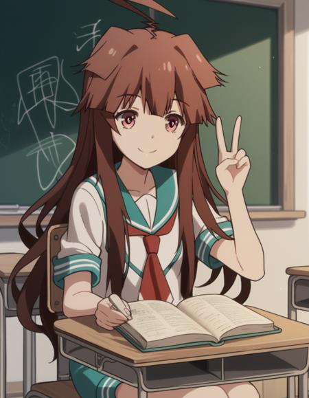 kuma, long hair, brown hair, brown eyes, ahoge, kuma (kancolle) school uniform, shorts, serafuku,