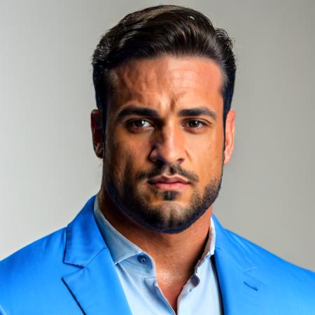 loganfranklin, man, male focus, facial hair, pectorals, blue blazer, white shirt, detailed, realistic, 8k,  <lora:Logan_Franklin:1>