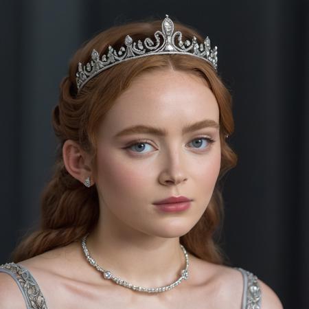 Portrait photo of an actress dressed as a medieval queen with a delicate tiara on her head, Nikon Z9, realistic matte skin, skin texture visible, (sharp focus), (high quality)