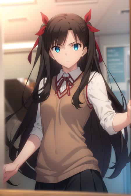 rin tohsaka, aqua eyes, (black hair:1.2), hair ribbon, long hair, ribbon, sidelocks, two side up, (parted bangs:1.5), black skirt, black thighhighs, long sleeves, miniskirt, pleated skirt, red sweater, skirt, sweater, thighhighs, turtleneck, (brown sweater vest:1.2), collared shirt, homurahara academy school uniform, neck ribbon, red ribbon, ribbon, school uniform, shirt, sweater vest, white shirt, skirt, thighhighs, long sleeves, pleated skirt, black thighhighs, black skirt, scarf, zettai ryouiki, coat, (red coat:1.2), orange scarf,