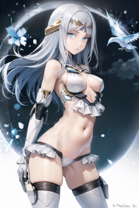 Galatea an anime woman wearing skimpy clothes and a very shiny white top, 1girl, long hair, breasts, swimsuit, bare shoulders, tiara, bangs, bikini, blue eyes, elbow gloves, gloves, white bikini, parted bangs, white gloves, thighs, navel, solo, cleavage, halterneck, robot joints, medium breasts, looking at viewer,