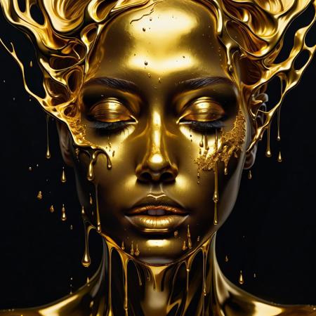 A highly detailed, surrealistic portrait of a woman's face, partially covered in dripping molten gold, with the gold seemingly splashing and cascading over her features. The face has a smooth, metallic texture, with the gold contrasting against a dark, glossy background. The expression on the woman's face is calm and serene, with her eyes closed as if in a state of peace or transformation. The artwork has a strong contrast, with the bright gold and the dark shadows creating a striking visual effect, emphasizing the fluid motion of the gold.