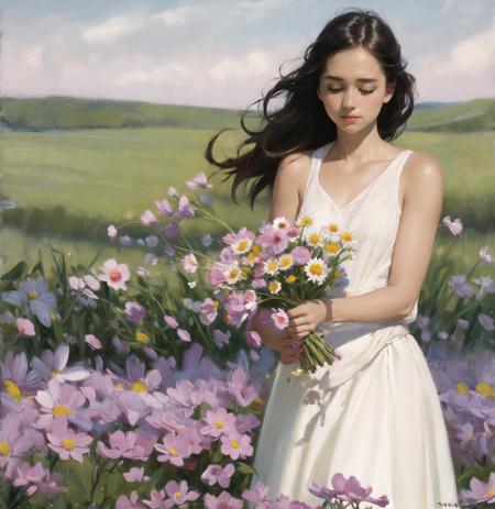 1girl, solo, flower, dress, long hair, closed eyes, black hair, white dress, holding flower, field, holding, outdoors, grass, realistic, bare shoulders<lora:oil_painting:0.9>