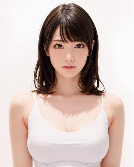 best quality, photorealistic, 8k, high res, 1girl, woman, (skindentation), (portrait:0.6), gorgeous, ((whitebackground:1.8)), ((smallsize round breast, sleeveless white tshirt:1.75)), straight-looking at viewer:1.8, (1girl eyes looking at viewer, medium-length hair,  brownhair, partedbangs:1.65), photorealistic, (bokeh), (closed mouth:1.46), gorgeous, pureerosface_v1,  <lora:AVID-airi:0.65>