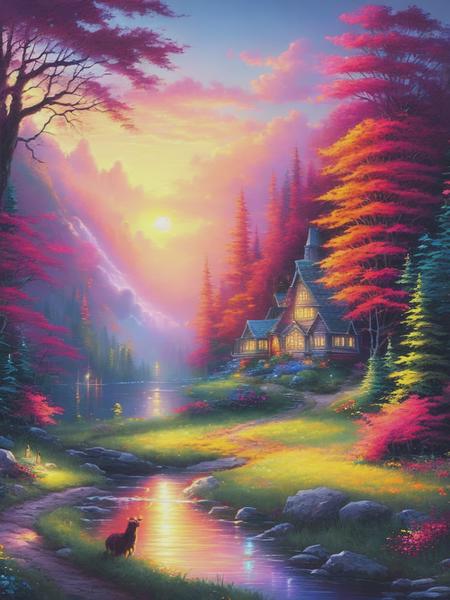 <lyco:ThomasKinkade:1.0> a beautiful sunset in the deep woods in the style of thomas kinkade