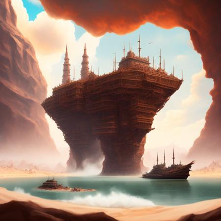 (BoneFortress:1) giant ship structure, body of water, smoke, desert castle in the sky  <lora:BoneFortress:0.8>