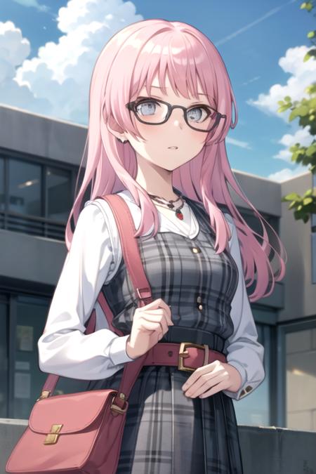 <lora:ChihayaAnon-07:0.7> , anonmygo, 1girl, solo, long hair, grey eyes, shirt, long sleeves, dress, jewelry, white shirt, upper body, pink hair, outdoors, parted lips, sky, glasses, sleeveless, day, belt, cloud, necklace, bag, blue sky, grey eyes, plaid, sleeveless dress, building, black-framed eyewear, plaid dress