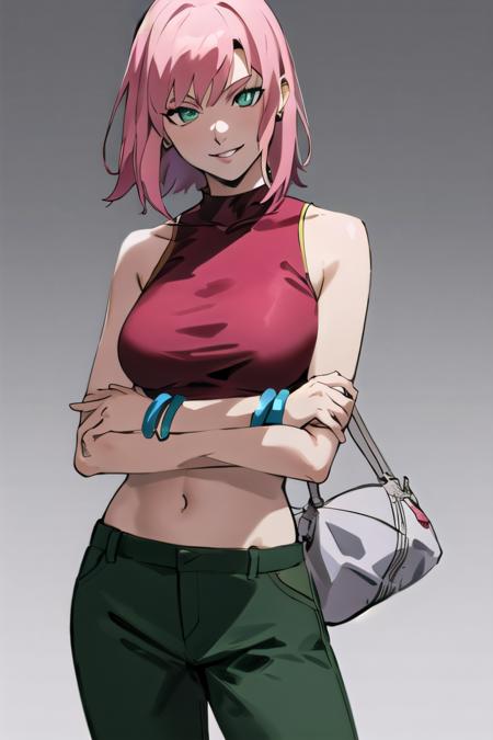 1girl,  solo,  breasts,  smile,  short hair,  simple background,  shirt,  white background,  navel,  bare shoulders,  jewelry,  closed mouth,  green eyes,  pink hair,  cowboy shot,  sleeveless,  midriff,  pants,  bag,  bracelet,  lips,  crop top,  looking to the side,  sleeveless shirt,  crossed arms,  red shirt,  white pants,  grey pants,  haruno sakura, roru, artwork,<lora:EMS-285009-EMS:0.800000>