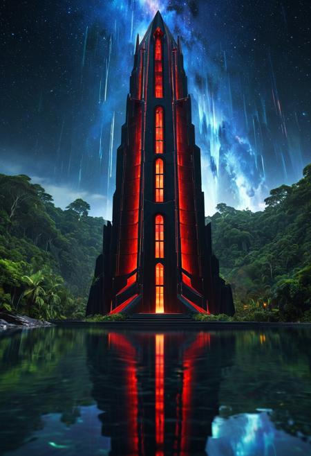 (masterpiece:1.5), (score_9, auto1111), extreme quality, reflection, surface reflection, Cinematic style, cinematic quality, ((no humans, no people)), a spectrum of iridescent colors, precise, fractal design, flowing curves, precision, fractal geometry, harmonic interference, digital illustration, altered realities, fantastical scenes, digital artistry, striking visuals, sharp focus, detailed background, light reflection, a landscape boundless opportunities with a large rock formation on the left side and a body of water on the right side, The rock formation appears to be made up of multiple layers of different colors of rocks with some areas appearing to be covered in cracks and crevices, In the center of the image, there is an enormous polished black Sith Tower a fantasy design, The building is surrounded by rainforest trees and shrubs, and there are several smaller black towers scattered around it, night sky, starry sky, the water is reflecting the Black Sith Tower and the surrounding landscape, luminescent water, the enormous polish Black Sith Tower is made polished brass, polished marble and polished crystals, fantasy architecture, futuristic design and architecture, luminescent red windows, dark fantasy, (close-up view), detailed landscape, (detailed black sith Tower),