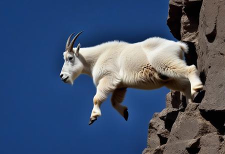 mountain goat jumping from one cliff to another. Very realistic photography