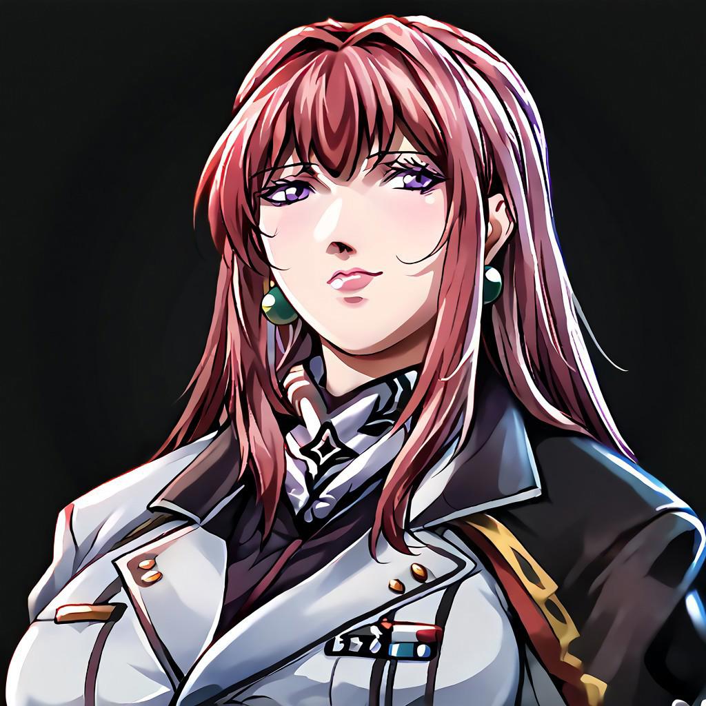 score_10, score_9, score_8, uaf-character, uaf-portrait, Takashiro Hiroko, 1girl, mature female,purple eyes, long hair, red hair, earrings, simple background, uniform, military uniform, black background, uaf_portrait