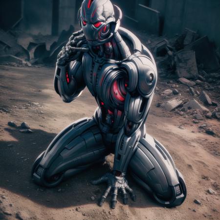 ultron, solo, high angle, kneeling, intense, battle-ready, ruins, post-apocalyptic, war, machinery, intricate details, masterpiece, absurdres, best quality <lora:ultronPrime-000020:0.8>