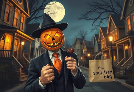 Halloween time, common streets, beautiful houses, nigh, big moon,  jackolantern malicious, false smile, elegant suit, orange tie, smoking a pipe, a small,  trick or treat, a paper bag with the text "soul bag" handwrite, street lights, shadows,