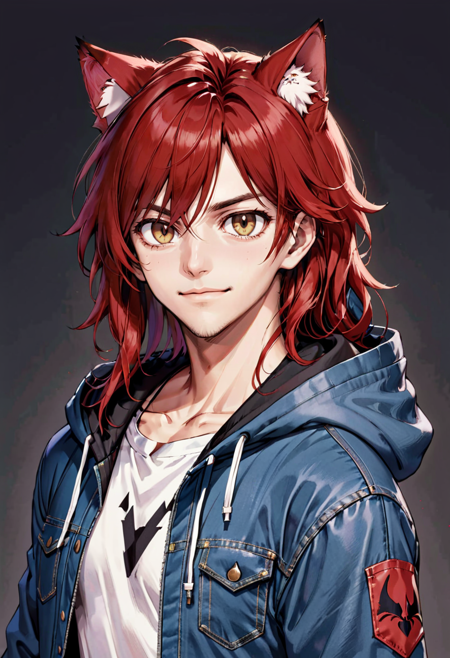 DauntlessXL Style, 1boy, animal ear fluff, animal ears, black hair, cat ears, closed mouth, collarbone, denim, facial hair, hood, hood down, jacket, long hair, looking at viewer, male focus, medium hair, open clothes, open jacket, pocket, red hair, shirt, simple background, smile, solo, stubble, two-tone background, upper body, white background, white shirt, yellow eyes, 1990s style, retro anime, flat color <lora:DauntlessMixSDXL:0.8>