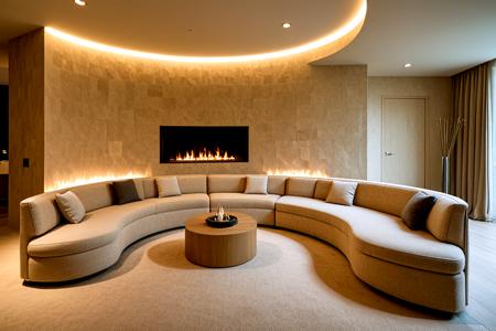 <lora:pytorch_lora_weights_361535:1>,A professional photo of a a Contemporary fire lounge with built-in wall fireplace, curved seating in natural fabrics, soft indirect lighting, textured walls in sandy tones, and a quiet, warm ambiance for reflection and rest-,