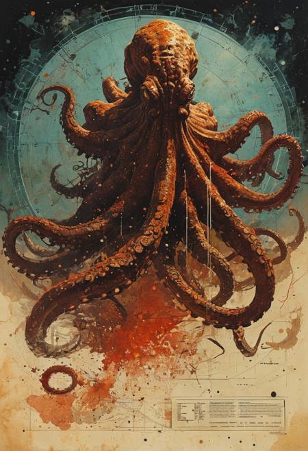 cinematic giant kraken (in the style of Frank Frazetta painting) Dean Cornwell, design, 1970s, Russian Constructivist style, double exposure, volumetric lighting, expressive, ancient starchart, ink spattered background, warm colors, space, art deco, splatter, Japanese Woodblock print, planar rectilinear shapes, extreme energy, dynamic posing, Dutch angle, black, Crimson<lora:xl_more_art-full_v1:0.3>