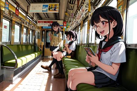 masterpiece, best quality, ultra-detailed, illustration,
Hankyu3000, train interior,
1girl,teenage,glasses, black hair, school uniform, school bag, smile, happy, laughing,