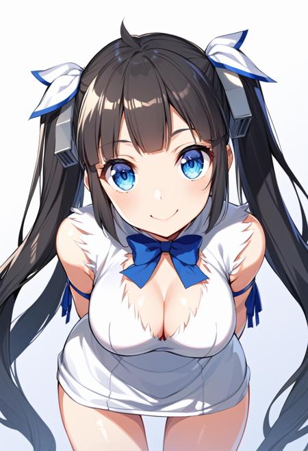 hestia, twintails, hair ribbon white dress, cleavage cutout, rei no himo, white gloves, cleavage