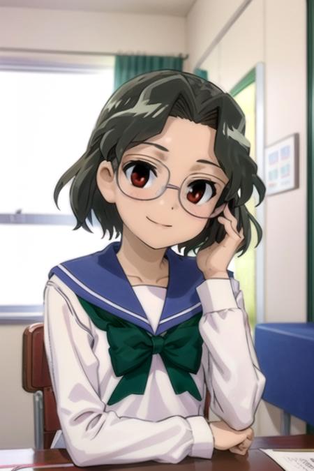 (((pixel-perfect, detail-perfect, photo-perfect))), solo, 1girl, <lora:mako-saki-01:0.8>, mako someya, school uniform, serafuku, looking at viewer, smile, adjusting glasses