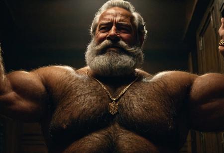 (photo, realistic, raw), (nighttime, at night, dark, dark hard shadows, cinematic atmosphere, movie grain, hazey atmosphere), closeup from below, (etherial, spiritual, emperor, king, god), old burly buff gentleman with beard, old manly mature man, combed back hair,  doublechin, old hairy tanned grandpa, wrinkly neck, hairy chest, proud big hairy chest, thick neck, hairy armpits, tanned skin, tight golden spandex, gold jewellery, gold necklace, in a dark locker room at night, nighttime, gentle loving smile, intimite situation, romantic atmosphere,