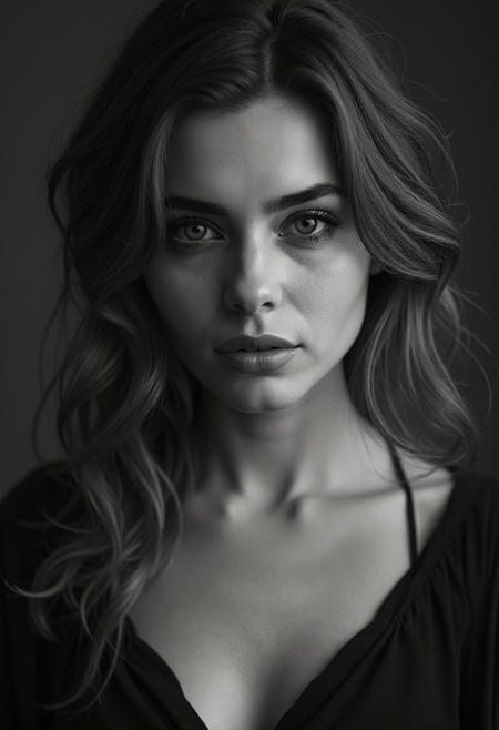 26 y.o. woman, portrait, buste, middle angle, head + bust, monochrome