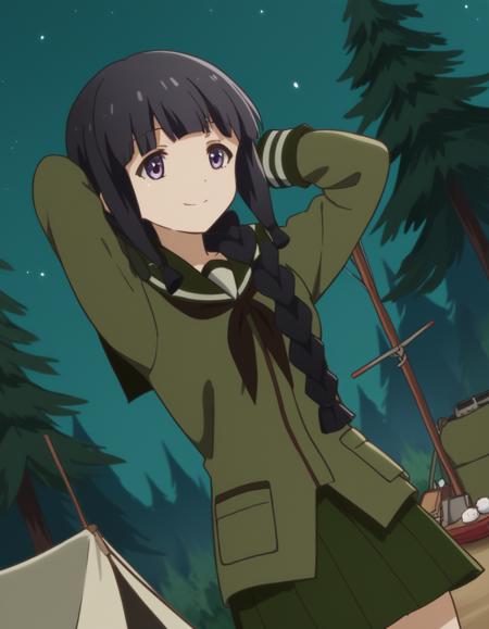 kitakami, long hair, bangs, black hair, purple eyes, braid, blunt bangs, single braid, hair over shoulder, kitakami (kancolle) skirt, school uniform, serafuku, green skirt, pleated skirt, green shirt, green sailor collar