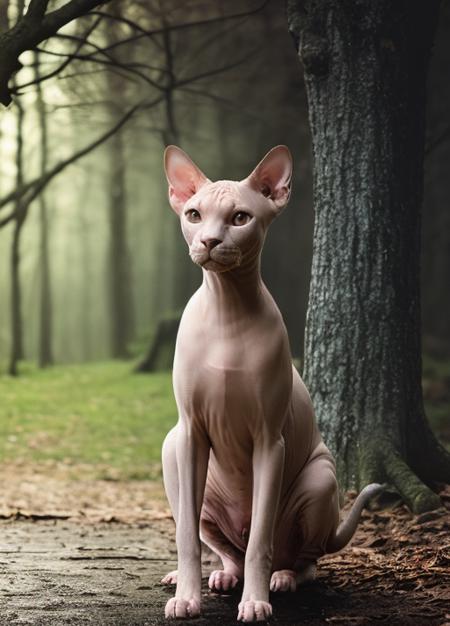 sphynx  in woods night, rain, wet, professional lighting, photon mapping, radiosity, physically-based rendering, <lora:sphynxCATlora:1>