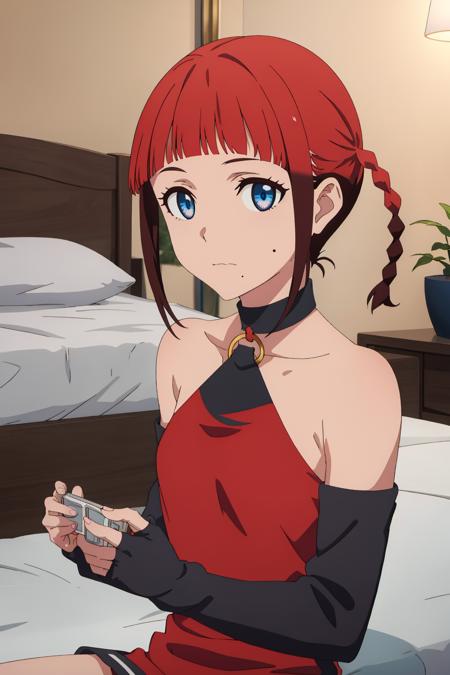 Chise, mole, blue eyes, red hair, mole under mouth, mole under eye, blunt bangs, twintails, gradient hair