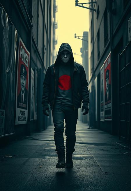 A masked figure walking alone in an industrial alleyway, with street posters around them forming a visual commentary on power and resistance
bold graphic propaganda portrait, moody cinematic urban photography, high-contrast noir lighting, isolated figure in vast cityscape, muted desaturated tones with striking red accents, stencil-inspired shading, dramatic geometric composition, textured street art aesthetic, political and introspective storytelling