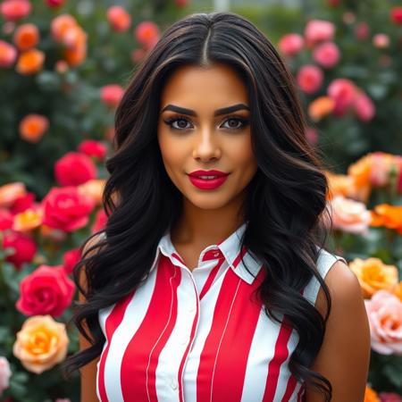 A portrait of a beautiful lady with copper skin, long, wavy black hair, dark brown eyes, and soft red lipstick, wearing a white sleeveless button-down shirt with large red vertical stripes, the light shining from above her head at a 45-degree angle, against a colorful rose garden.