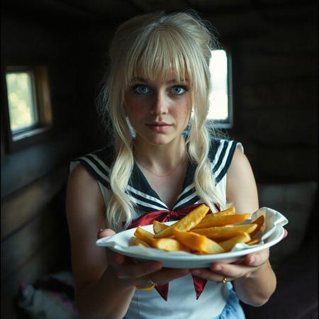 iphone 8 photo of Oksana Akinshina, silver blond hair, green eyes, cosplaying as sailor moon, in an old slavic cabin, grainy footage, lots of freckles, holding a plate of fish and chips. The atmosphere is cozy yet melancholic, with soft natural light filtering through a small window. The image has a textured, film-grain aesthetic, reminiscent of old analog photography, with muted colors and a slightly desaturated tone."