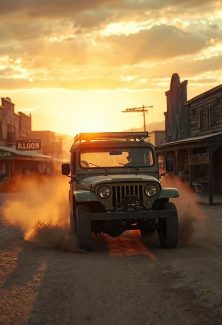 A dusty vintage off-road vehicle driving into an old western cowboy town during sunset, cinematic angle, golden sunlight through the dust, saloon on the left, old bank on the right, wooden buildings, dramatic western atmosphere, ultra-realistic, 35mm film look, wind blowing signs, moody sky
Negative Prompt
blurry, lowres, overexposed, cartoon, watermark, distortion, unrealistic reflections, text, logo, disfigured vehicle