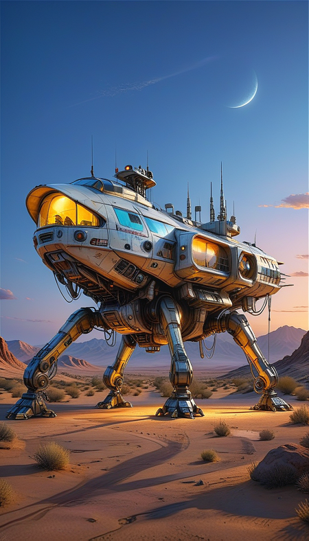 (cel-shading:2)+, (in ARTIST style:1.6), (masterpiece:1.7),  night, glow neon,
hyperrealism, glossy, shinny, clear image, accurate picture, clear picture, precise image, focused image, Science fiction style, Science fiction,
(huge Walking city), solo, outdoors, sky, cloud, desert, no human, vehicle focus, scenery, (Walking vehicle), buildings, (sharp focus:2), (best quality:1.8), night, glow neon,
(masterpiece:1.8), (highest detailed:1.8), perfectly lighted, (contrast), (saturated), (((sharp focus))),
(hyperdetailed:1.3), (intricate details:1.2), (Refined details:1.3), (best quality:1.5), highly detailed textures, vibrant colors,
(ultra sharp focus:1.8), (detailed texture:1.8), (detailed edges:1.8), (thin lines:1.8), (best quality:1.8),
<lora:Apparatus_-_Traction_City_Walkers_Vehicles:0.8>,