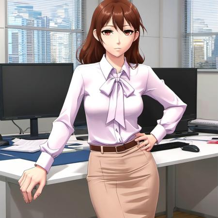 1girl, blouse, office setting, animation, anime, cartoon, full body, tight shirt