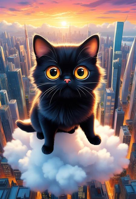 A captivating illustration masterpiece of a very funny ((cute cat)) with ( (((huge))) ((oversized)) ((manga-style eyes)):1.2), feline is gazing very longingly into the camera lens. The cat's fluffy fur contrasts with its sleek black attire, and it sits on a transparent cloud, as if levitating above the ground. The background showcases a vibrant cityscape with towering skyscrapers and a dramatic sunset, creating a delightful mix of urban and whimsical elements, from above