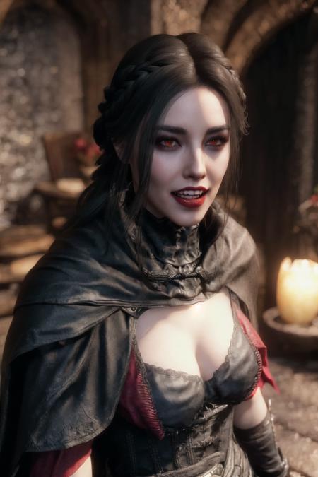 <lora:Serana_Reimagined:0.8> , Serana Reimagined, masterpiece, best quality, 1girl, solo, black hair, red eyes, looking at viewer, fangs, long hair, breasts, upper body, teeth, armor, cleavage, open mouth, tongue, realistic, red lips, blurry, forehead, blurry background, cape, vampire, braid, piercing