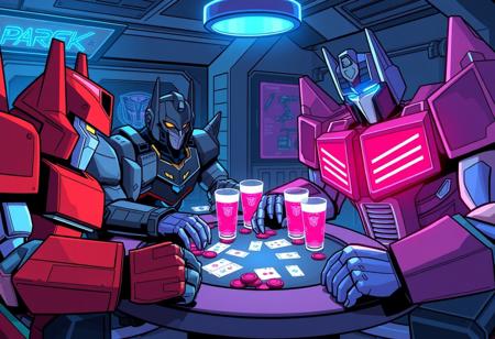 Transformers, Autobots, Optimus Prime, Grimlock,  playing poker, playing cards, poker chips,  drinking glowing pink beer, in a futuristic room, comic book style