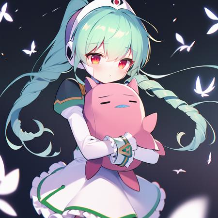 vanilla_h_galaxy_angel, green hair, red eyes,  dress, frills, juliet sleeves, long hair, long sleeves, ponytail, puffy sleeves, white dress, pantyhose, white pantyhose, white legwear, thighhighs, frilled skirt, white footwear, white skirt, drill hair, hat,  hugging object, stuffed animal, stuffed toy, holding, holding stuffed toy, pink stuffed toy, science fiction, 