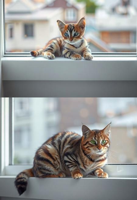 JNANX,luminous white silhouette,cyan glow,emerald highlights,flickering outline,dreamlike movement,
"Generate a photorealistic image depicting two distinct stages of a tabby cat's life, shown in a diptych format. The top panel should feature a very young tabby kitten, small in size, with characteristic brown and black stripes. The kitten is lying comfortably on a white windowsill, its head turned slightly towards the viewer with an expression of curiosity or mild interest. The background visible through the window should be slightly blurred, suggesting an outdoor urban or suburban scene with muted colors of buildings and hints of greenery. The lighting in the top panel should be soft and natural, illuminating the kitten gently.
The bottom panel should portray the same tabby cat, now significantly older and larger, in a similar pose on the same white windowsill. The background visible through the window in the bottom panel should match the top, maintaining continuity. The lighting should also be consistent, suggesting the passage of time but the same environment. The overall mood should evoke a sense of growth and the familiar comfort of a favorite resting spot. Ensure the texture of the cat's fur is detailed and realistic in both panels, highlighting the difference between the soft, downy fur of the kitten and the sleeker coat of the adult cat."