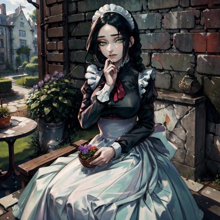 (masterpiece),(best quality), <lora:Giselle2:0.8>,Giselle, the maid outfit, long hair, braid, green eyes, (manor), flower, (garden), outside, close, ultra detailed,<lora:Beautifuleyes:0.6>, beautiful eyes