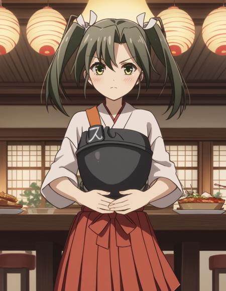 zuikaku, long hair, ribbon, twintails, green eyes, hair ribbon, zuikaku (kancolle) skirt, japanese clothes, muneate, red skirt, pleated skirt,