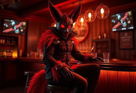 Cinematic 4K Octane render, trending on Artstation: Mysterious evil figure in striking red & black fox costume w/ black mask & glowing red eyes, seated on wooden stool at bar counter. Bottles, glasses, TV wall. Festive, captivating lighting, intricate costume, detailed eyes. Impeccable composition, contemporary aesthetics, golden ratio.