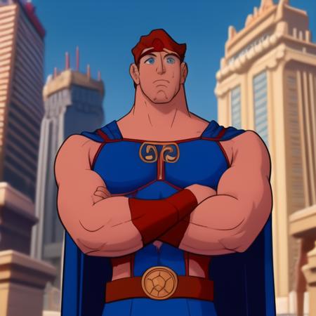 Disney's Hercules,1boy, abs, bara, black hair, blue eyes, bodysuit, cape, closed mouth, crossed arms, large pectorals, male focus, muscular, muscular male, pectoral lift, pectorals, red cape, outdoors, skyscrapers, solo, superhero, upper body , ((masterpiece)) <lora:HerVn_Disney_1997-10:0.8>